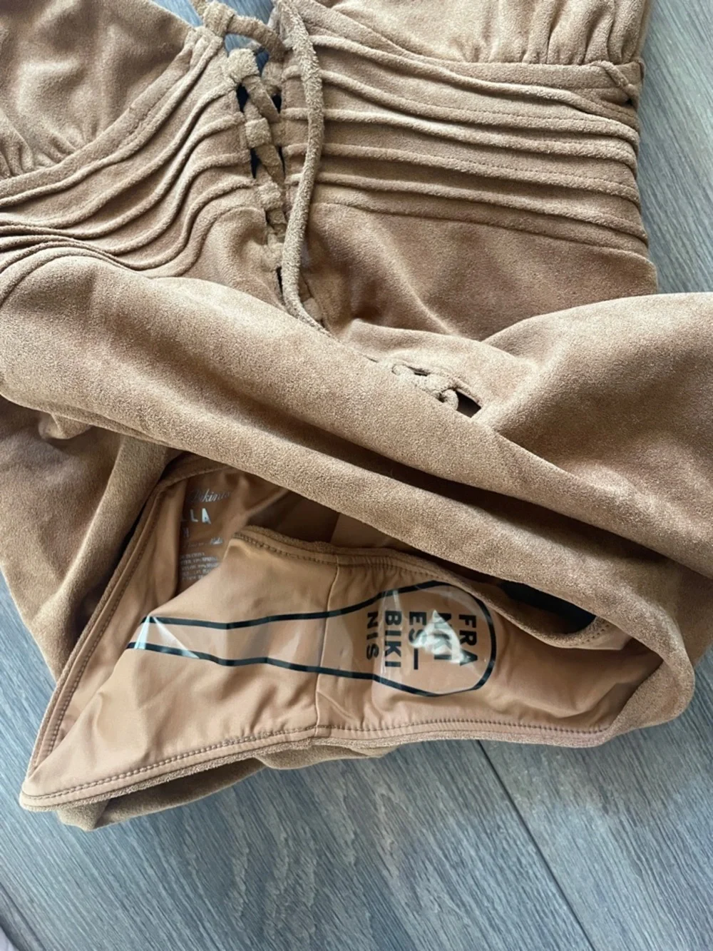 Frankie’s Bikinis x Bella Hadid Barrel Faux Suede One Piece Swimsuit- size M